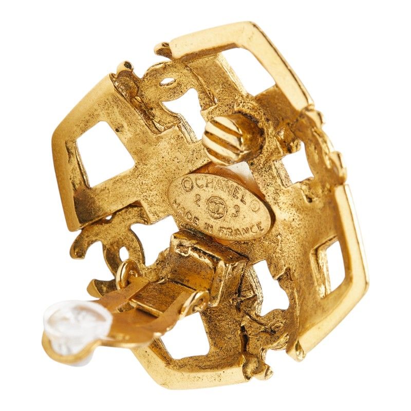 Chanel CC Logo Square Earrings 2 Vintage Gold Plated Faux Pearl — view 4