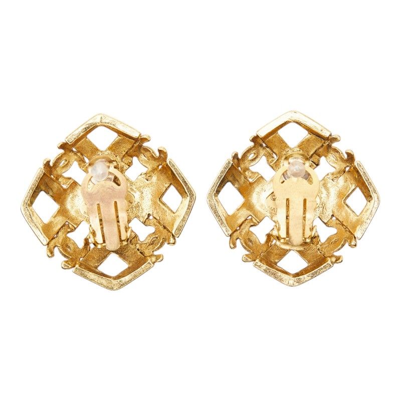 Chanel CC Logo Square Earrings 2 Vintage Gold Plated Faux Pearl — view 3