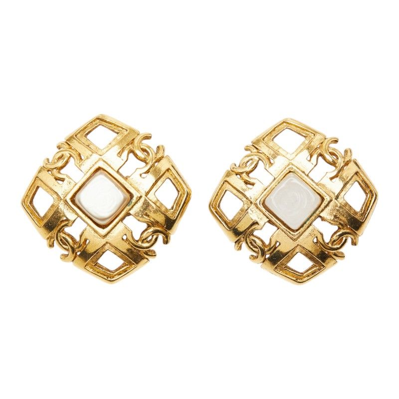 Chanel CC Logo Square Earrings 2 Vintage Gold Plated Faux Pearl — view 2