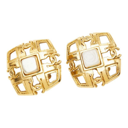 Chanel CC Logo Square Earrings 2 Vintage Gold Plated Faux Pearl