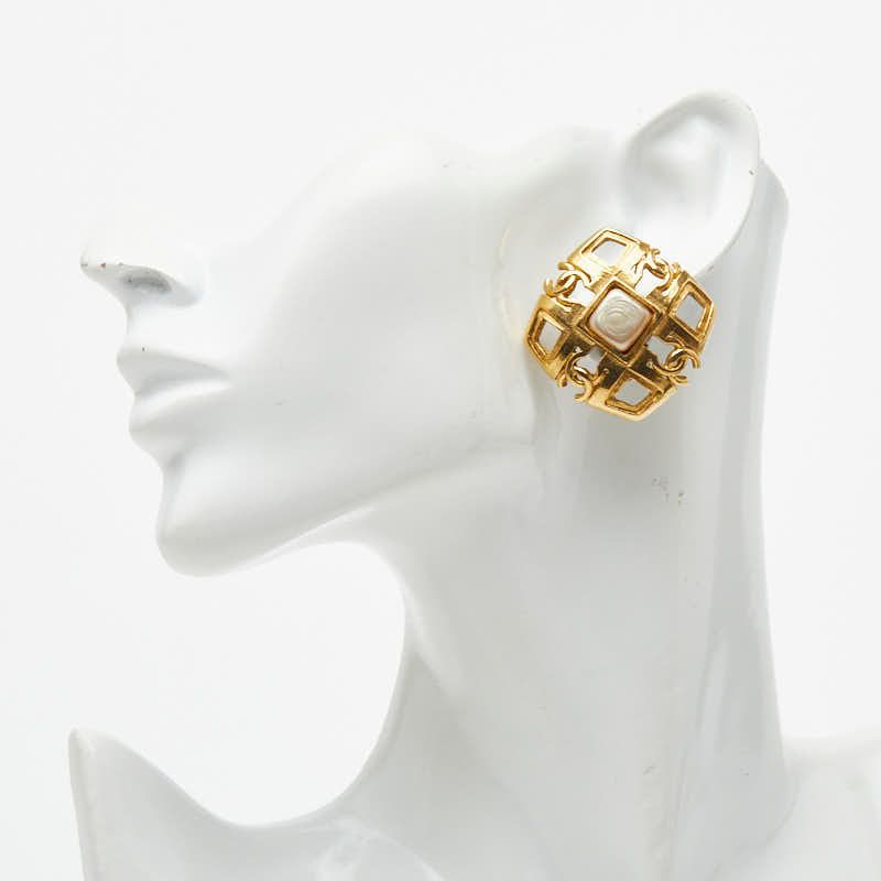 Chanel CC Logo Square Earrings 2 Vintage Gold Plated Faux Pearl — view 5