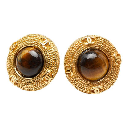 Chanel CC Logo Earrings Gold Plated Taiga Eye