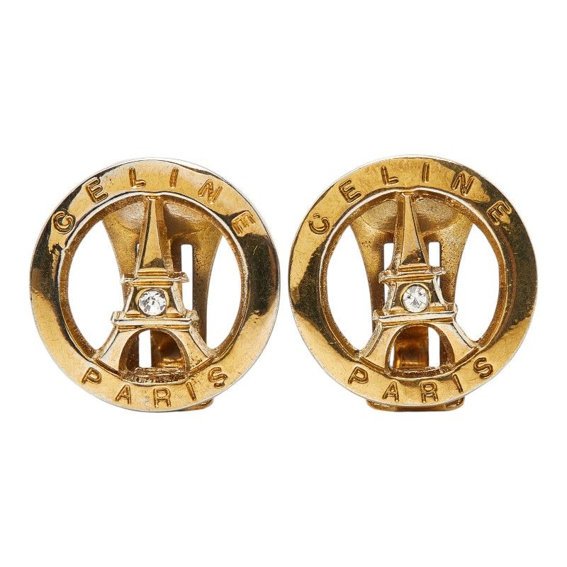 Celine Eiffel Tower Motif Round Earrings Gold Plated Line Stone — view 2