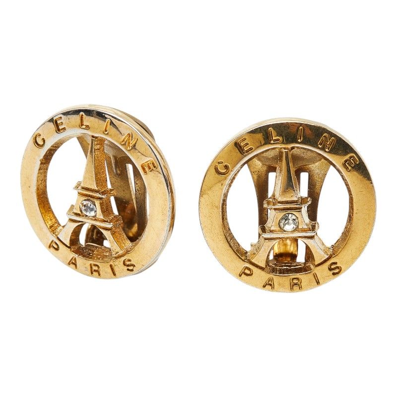 Celine Eiffel Tower Motif Round Earrings Gold Plated Line Stone