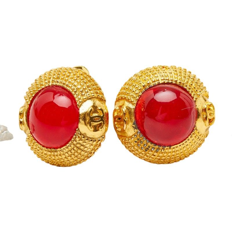 Chanel CC Logo Gripoix Earrings Gold Red Plated