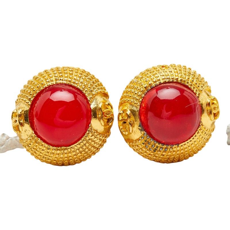 Chanel CC Logo Gripoix Earrings Gold Red Plated — view 2