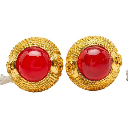 Chanel CC Logo Gripoix Earrings Gold Red Plated — view 2