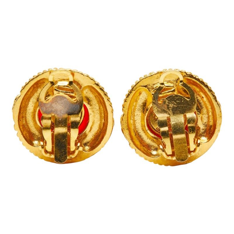 Chanel CC Logo Gripoix Earrings Gold Red Plated — view 3