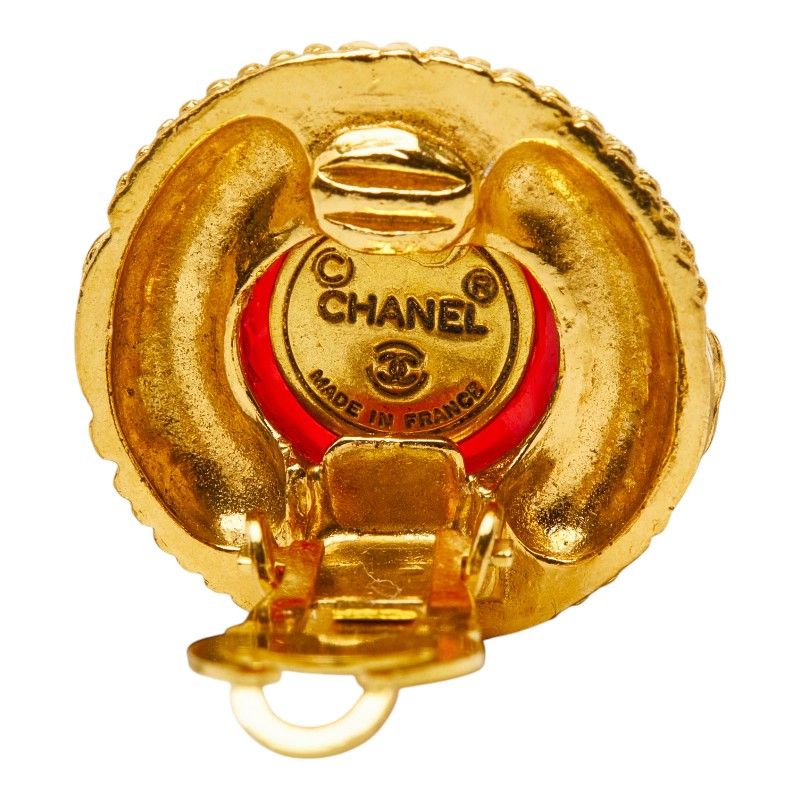 Chanel CC Logo Gripoix Earrings Gold Red Plated — view 4