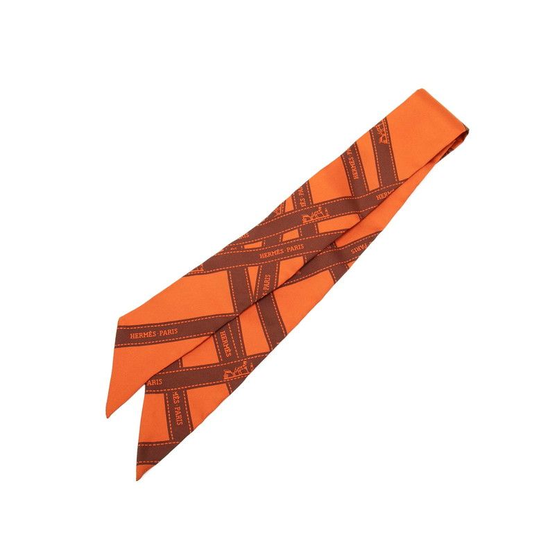Hermes Twilly Bolduc Pattern Scarf Orange Brown Silk