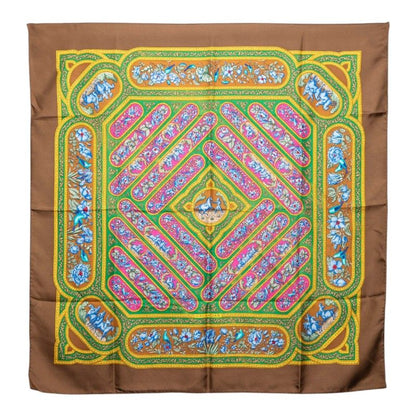 Hermes Carre 90 Qalamdan Scarf Brown Multicolor Silk