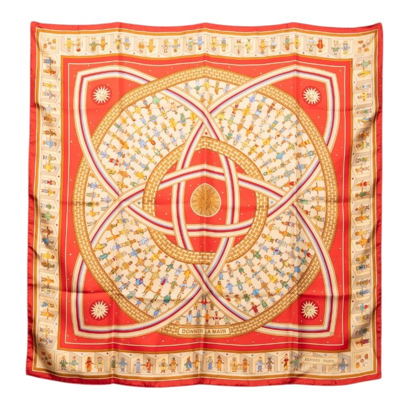 Hermes Carre 90 Donner la Reach Out Scarf Red Multicolor Silk
