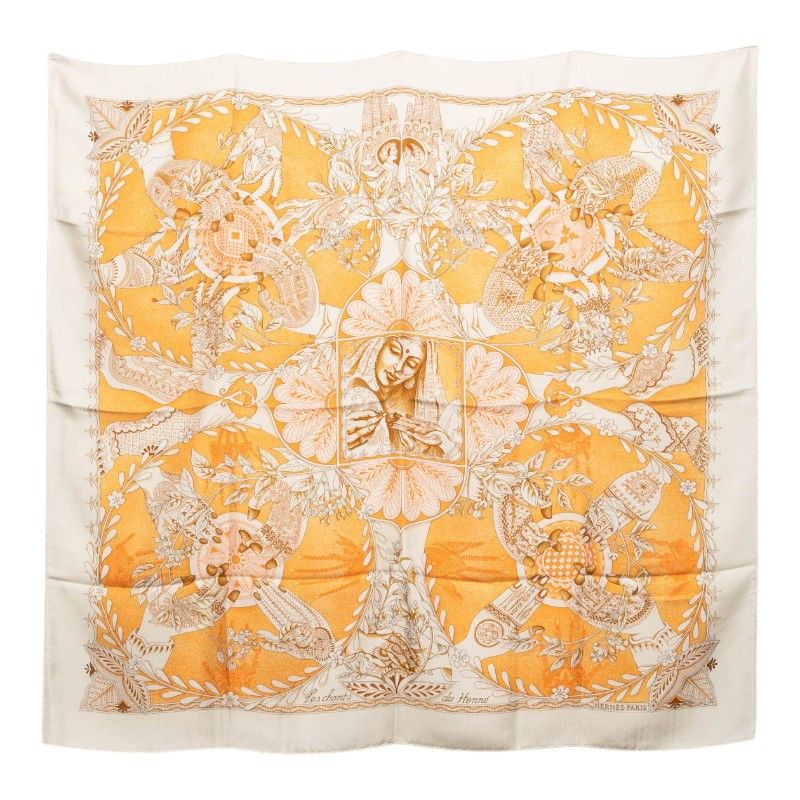 Hermes Carre 90 les Chants du Henne Henna Song Scarf Beige Multicolor Silk