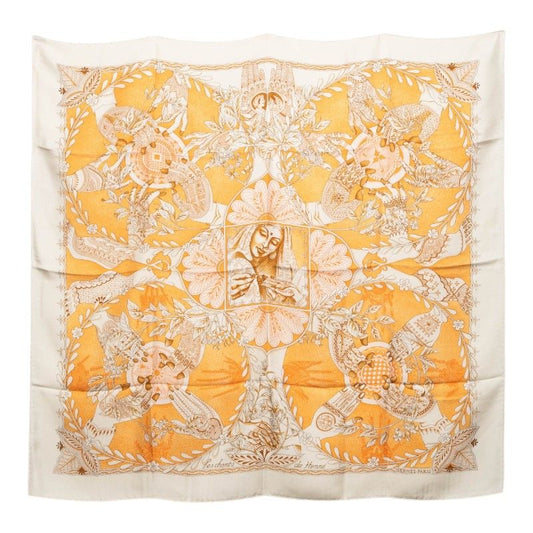 Hermes Carre 90 les Chants du Henne Henna Song Scarf Beige Multicolor Silk