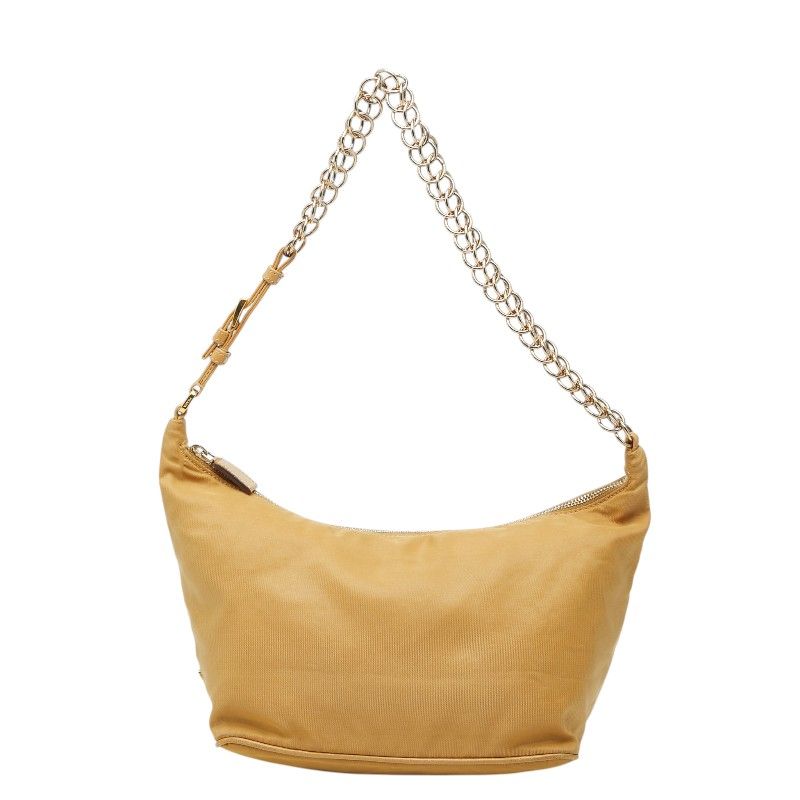 Prada Logo Chain Shoulder Bag Beige Nylon Leather