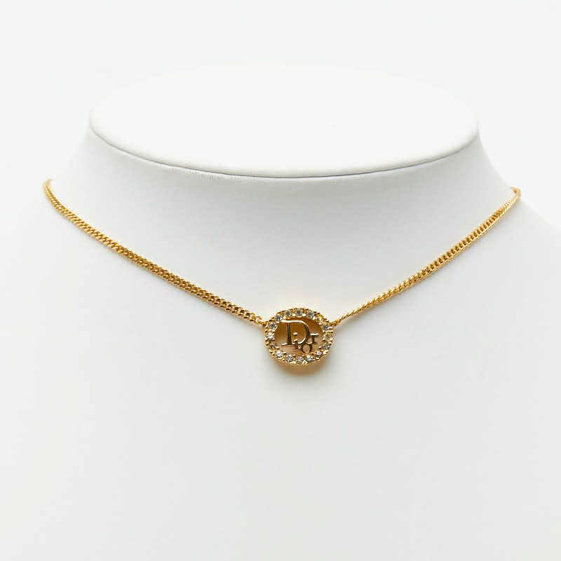 Dior CD Logo Vintage Pendant Chain Necklace Gold Plated Line Stone — view 7