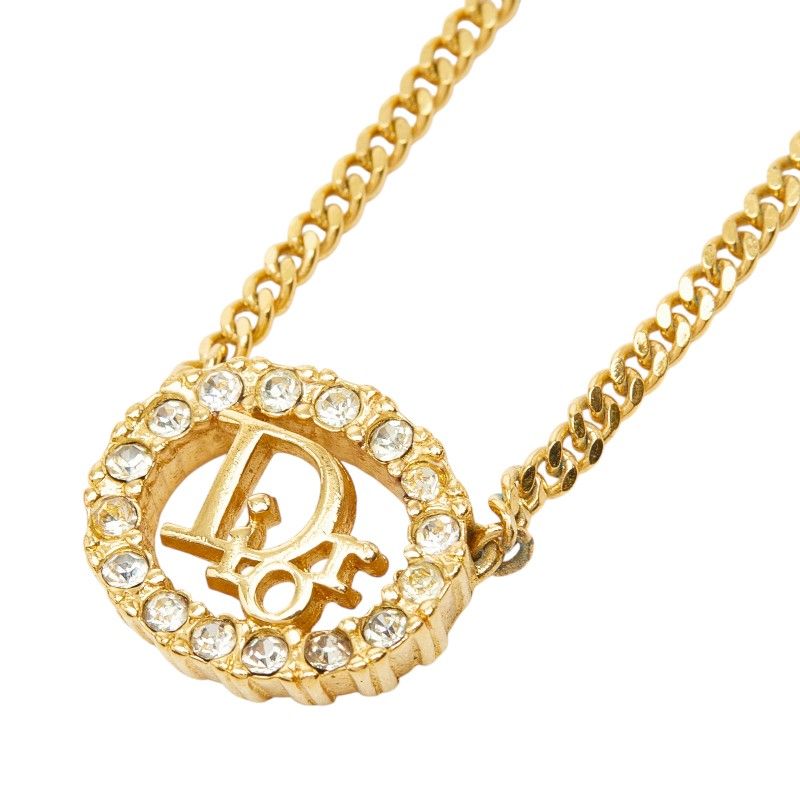 Dior CD Logo Vintage Pendant Chain Necklace Gold Plated Line Stone