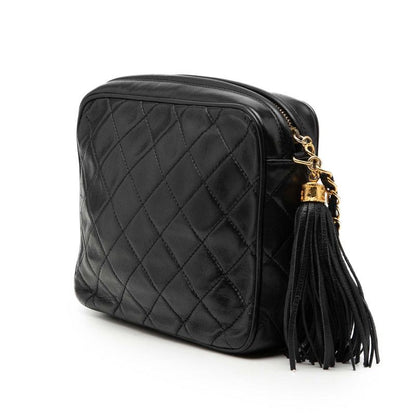 Chanel CC Logo Quilted Tassel Chain Shoulder Bag Black Lambskin — view 2
