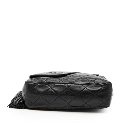 Chanel CC Logo Quilted Tassel Chain Shoulder Bag Black Lambskin — view 3