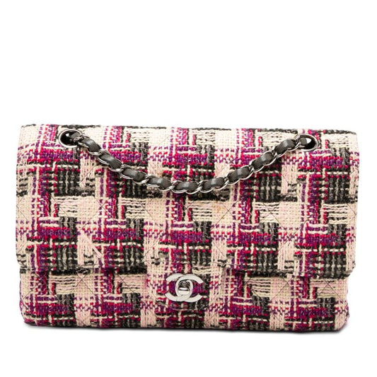 Chanel CC Logo Quilted 25 Double Flap Chain Shoulder Bag Multicolor Tweed