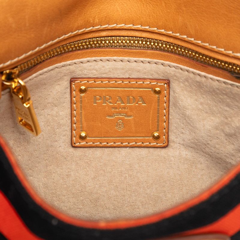 Prada Canapa Border Shoulder Bag Orange Black Canvas Leather — view 6