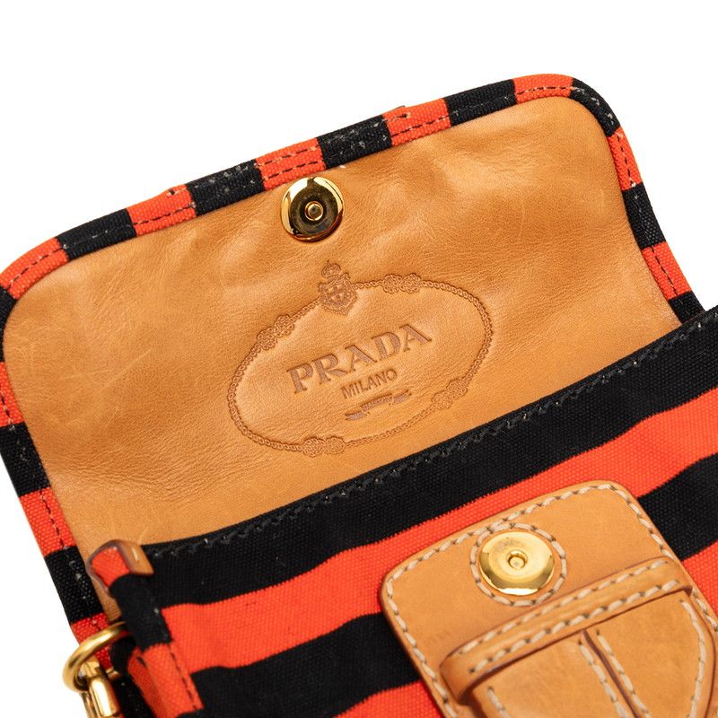 Prada Canapa Border Shoulder Bag Orange Black Canvas Leather — view 5