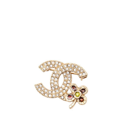 Chanel CC Logo Crowbar Brooch Gold Line Stone Plated
