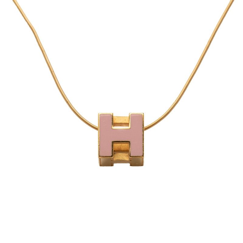 Hermes Cage de Ash Cube Necklace Gold Pink Plated Enamel