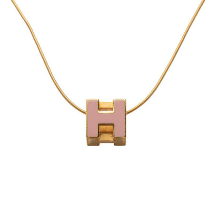 Hermes Cage de Ash Cube Necklace Gold Pink Plated Enamel