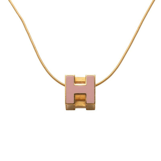 Hermes Cage de Ash Cube Necklace Gold Pink Plated Enamel
