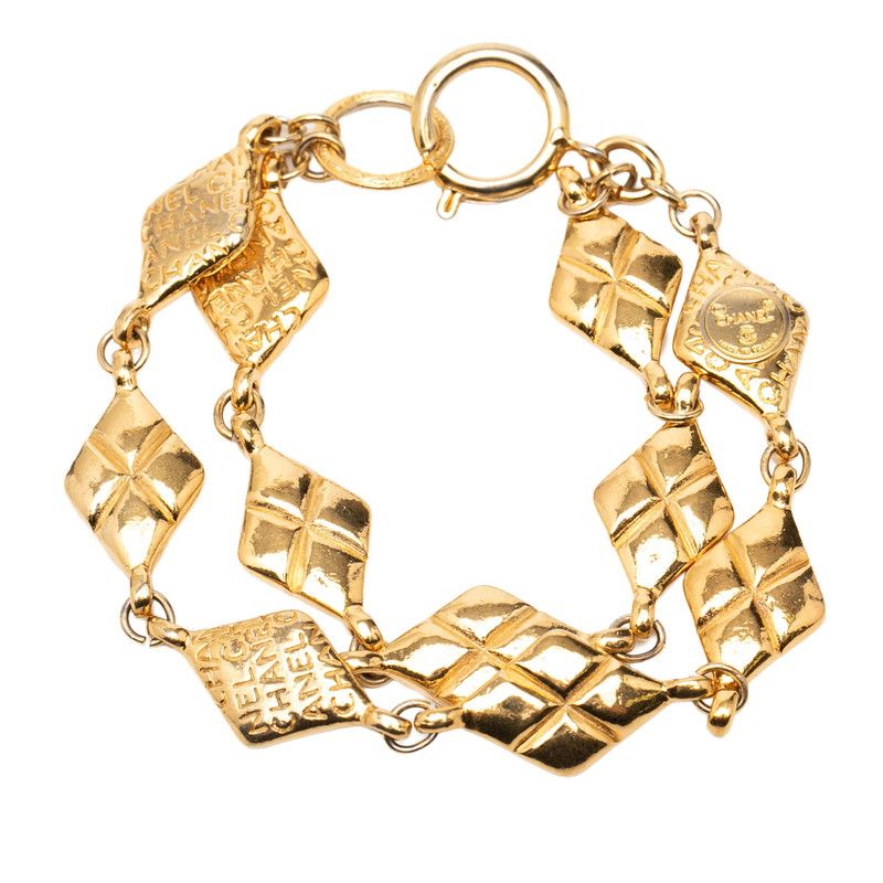 Chanel Logo Quilted Bracelet Double Chain Gold Plated