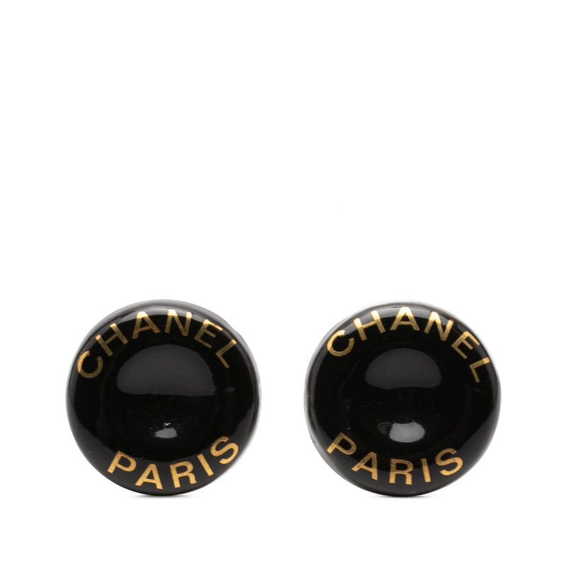 Chanel Logo Earrings Black Gold Enamel Metal