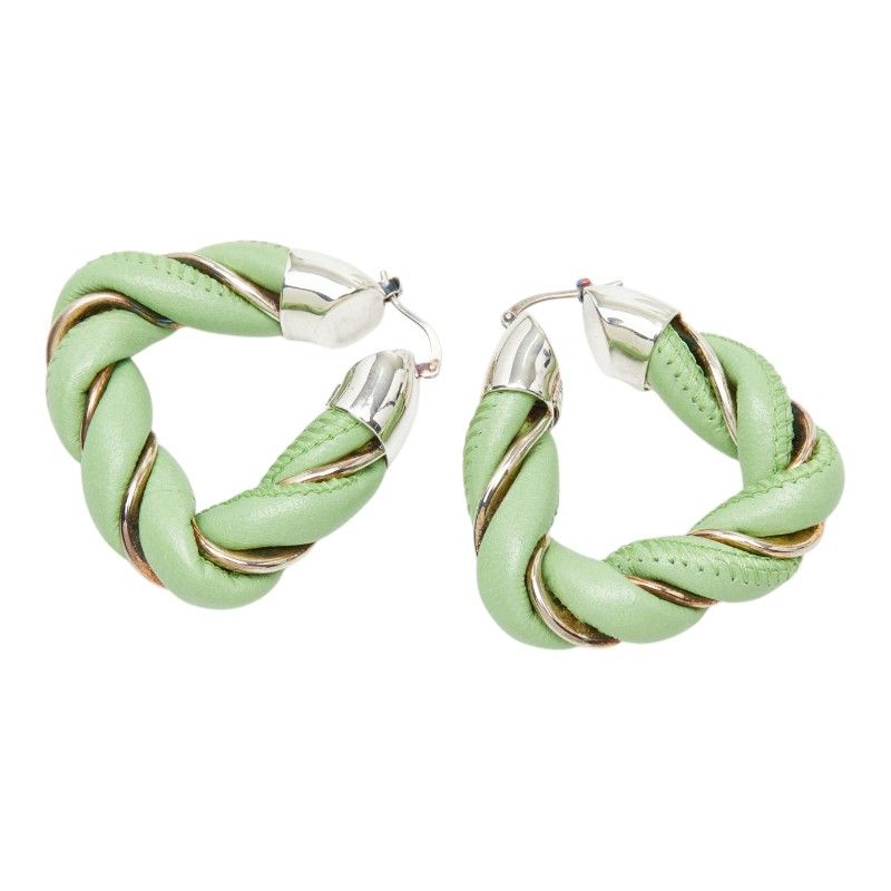 Bottega Veneta Twist Hoop Earrings Green Leather Silver