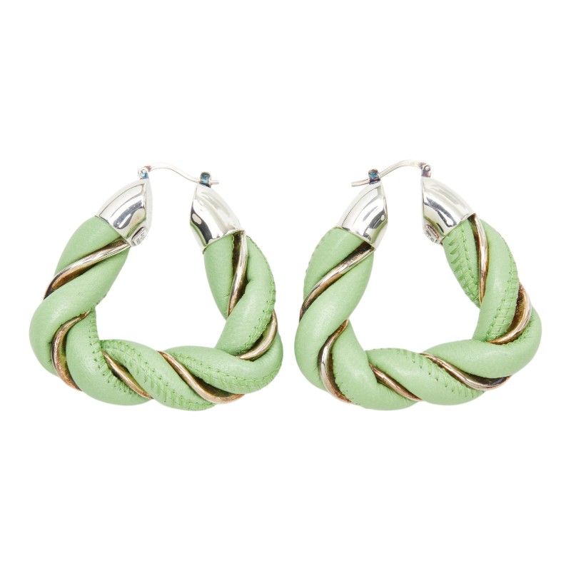 Bottega Veneta Twist Hoop Earrings Green Leather Silver — view 3