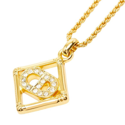Dior CD Logo Vintage Diamond Chain Pendant Necklace Gold Line Stone Plated