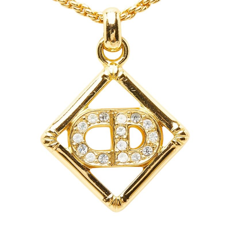Dior CD Logo Vintage Diamond Chain Pendant Necklace Gold Line Stone Plated — view 2