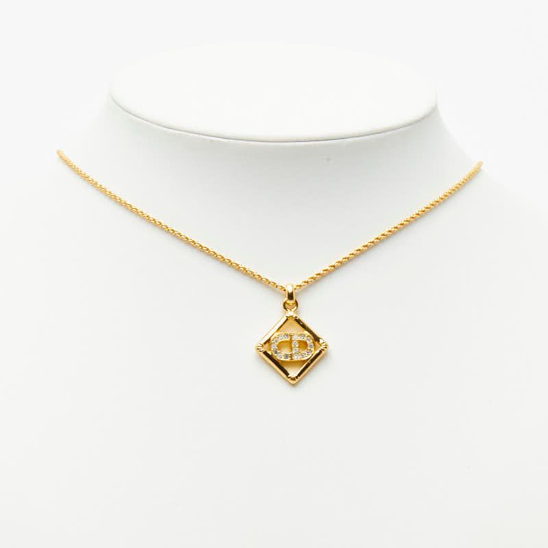 Dior CD Logo Vintage Diamond Chain Pendant Necklace Gold Line Stone Plated — view 6