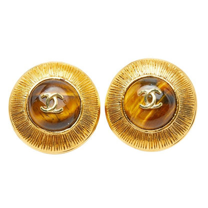 Chanel CC Logo Vintage Round Earrings Gold Yellow Line Stone Plated — view 2
