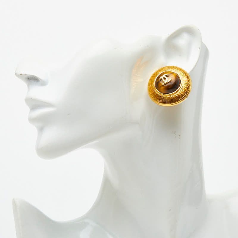 Chanel CC Logo Vintage Round Earrings Gold Yellow Line Stone Plated — view 5