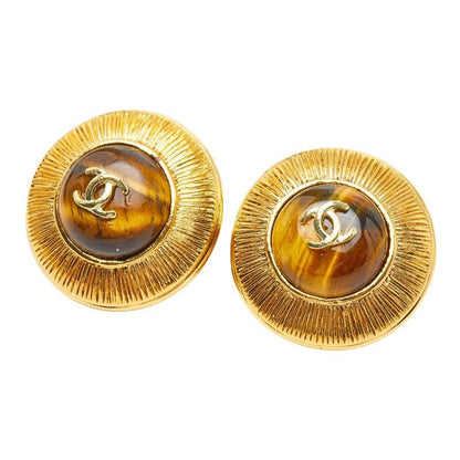 Chanel CC Logo Vintage Round Earrings Gold Yellow Line Stone Plated