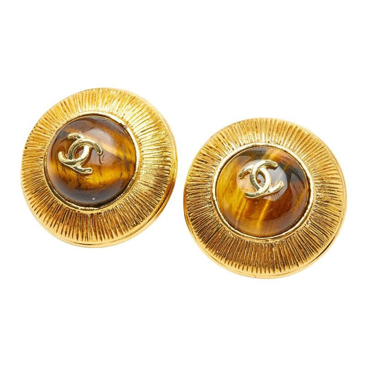 Chanel CC Logo Vintage Round Earrings Gold Yellow Line Stone Plated