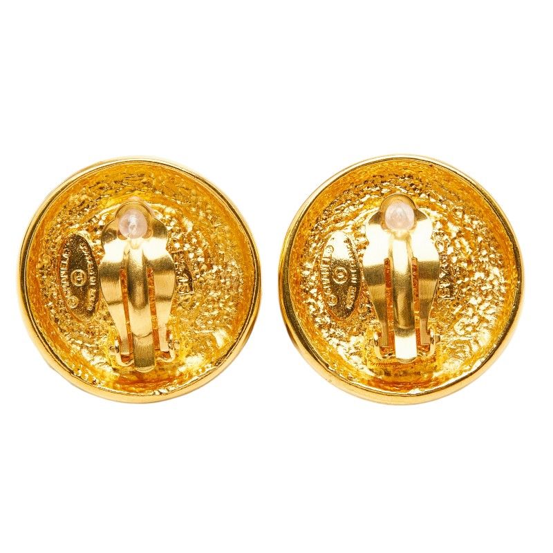 Chanel CC Logo Vintage Round Earrings Gold Yellow Line Stone Plated — view 3