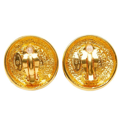 Chanel CC Logo Vintage Round Earrings Gold Yellow Line Stone Plated — view 3