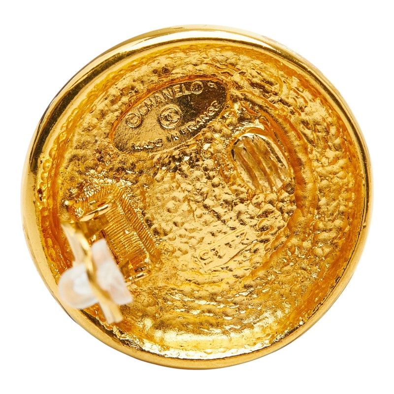 Chanel CC Logo Vintage Round Earrings Gold Yellow Line Stone Plated — view 4