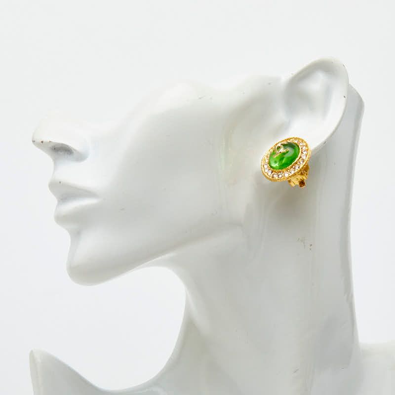 Chanel CC Logo Vintage Round Earrings Green Gold Line Stone Plated — view 5