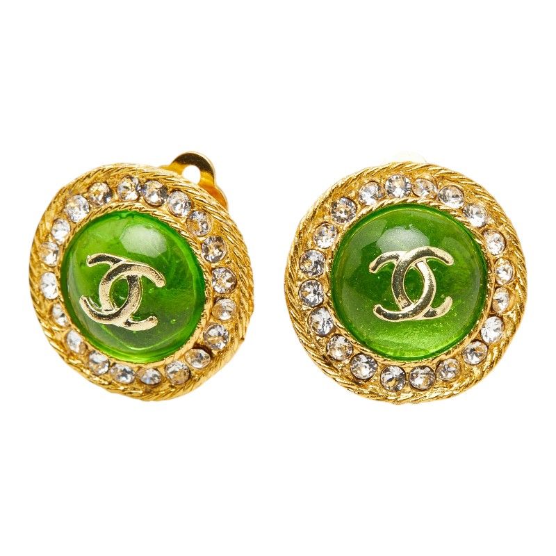 Chanel CC Logo Vintage Round Earrings Green Gold Line Stone Plated