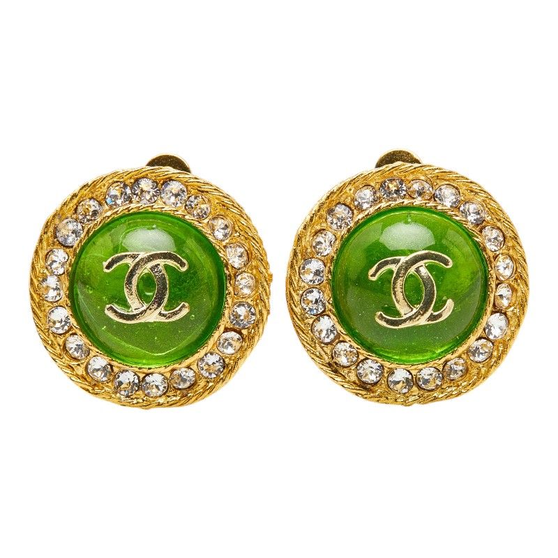 Chanel CC Logo Vintage Round Earrings Green Gold Line Stone Plated — view 2