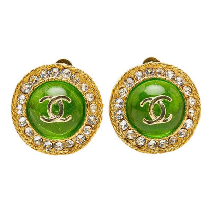 Chanel CC Logo Vintage Round Earrings Green Gold Line Stone Plated — view 2