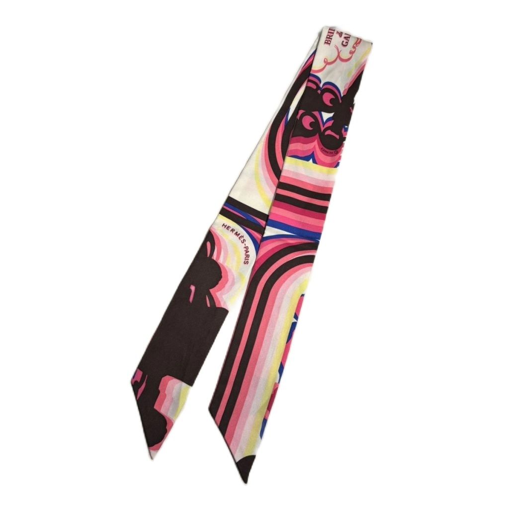 Hermes Brides de Gala Rose Vif Brown Jaune Twilly Scarf Pink