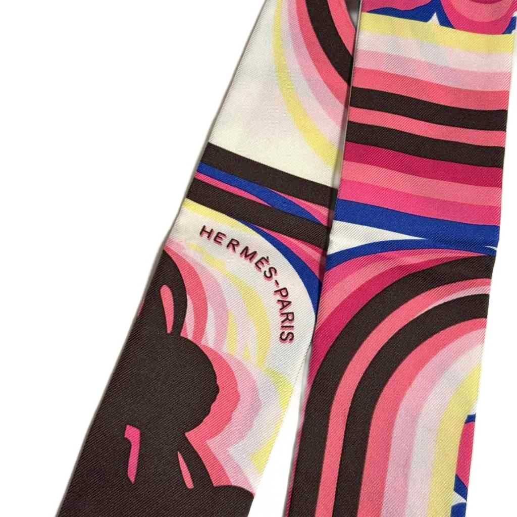 Hermes Brides de Gala Rose Vif Brown Jaune Twilly Scarf Pink — view 2